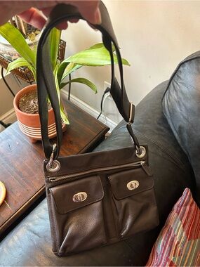 Danier Dark Brown Leather Shoulder Bag with Front Pockets